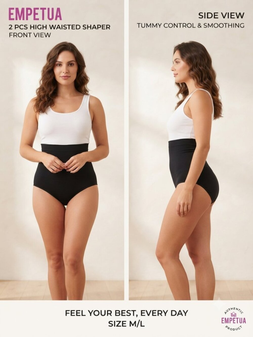 Empetua 2 PCS High-Waist Shaper Black Panty Tummy Control & Smoothing Sz M/L NEW
